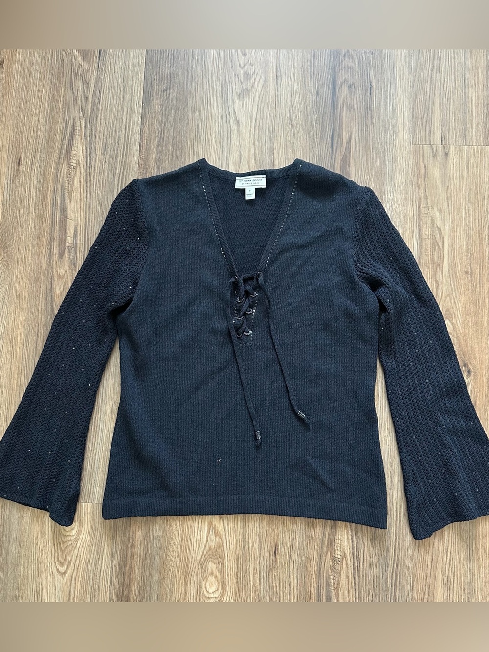St John Knit Top Small Black Lace Up V-Neck Long Flare Sleeve Sweater Sequin VTG